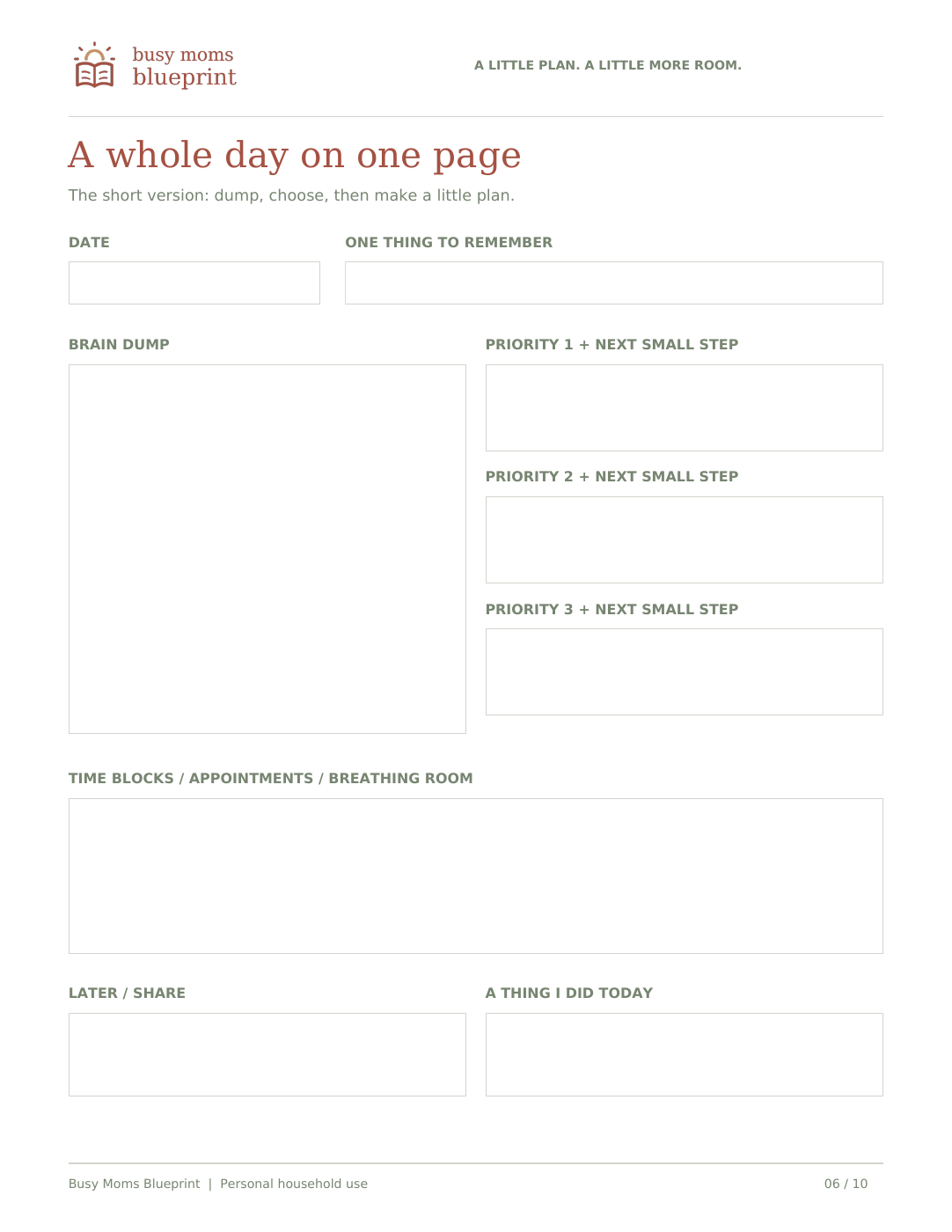 A sample worksheet from Mom’s Brain Dump + Priority Planner