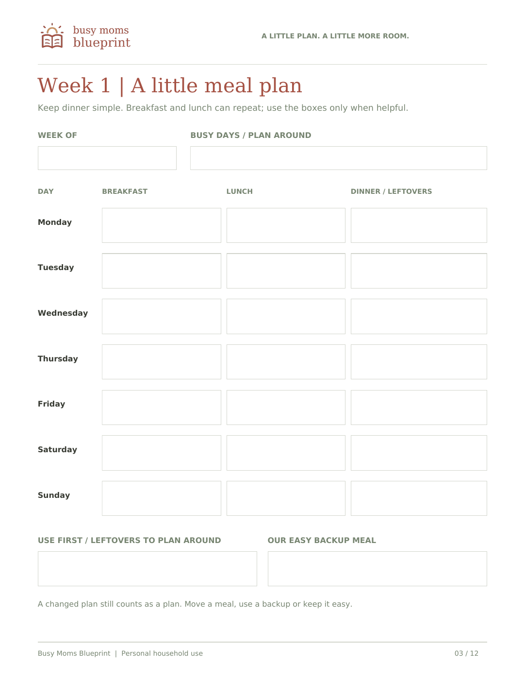 A sample worksheet from Weekly Meal + Grocery Planner